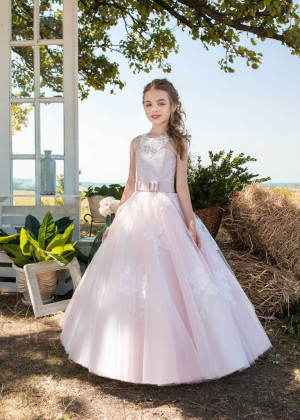 Ivory Lace Pink Tulle Keyhole Back Garden Flower Girl Dress